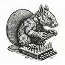 A futuristic cyborg squirrel playing a board game with circuit board patterns incorporated into the design tattoo design idea