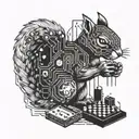 A futuristic cyborg squirrel playing a board game with circuit board patterns incorporated into the design tattoo design idea