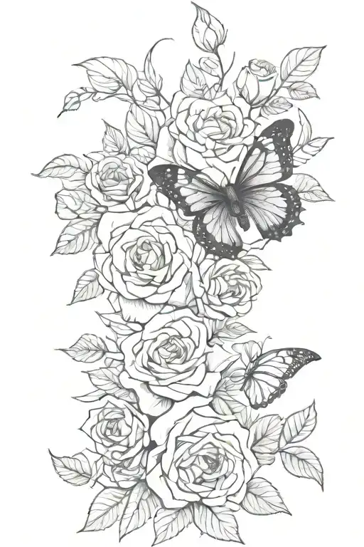 black butterfly sleeve with flowers roses intertwined tattoo design idea