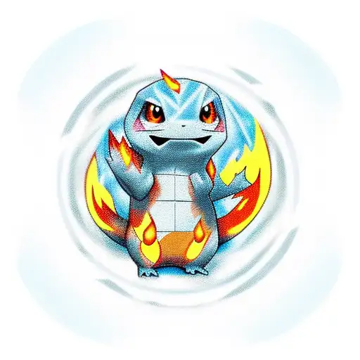 Charmander surrounded by a diamond, with fire shapes emerging from the diamond. Make it minimalistic. tattoo design idea