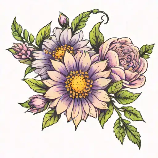 aster flower and violet flower with greenery tattoo for wrist tattoo design idea