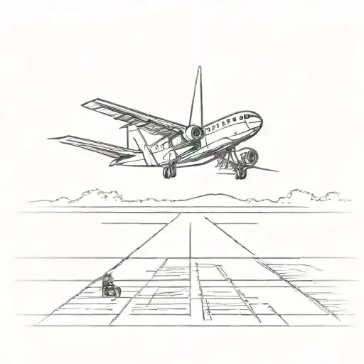 A runway with a plane landing and then at the end of the runway a motorbike speeding off. tattoo design idea