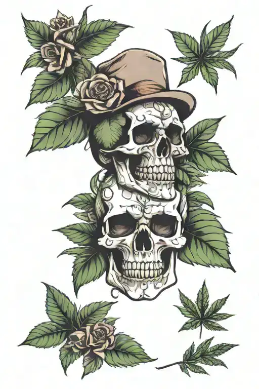 skull flowers and marijuana leaves girly  tattoo design idea