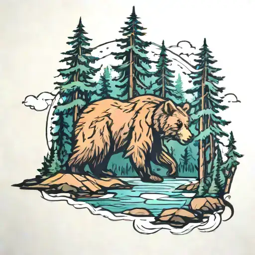 bear in forest next to river running tattoo design idea