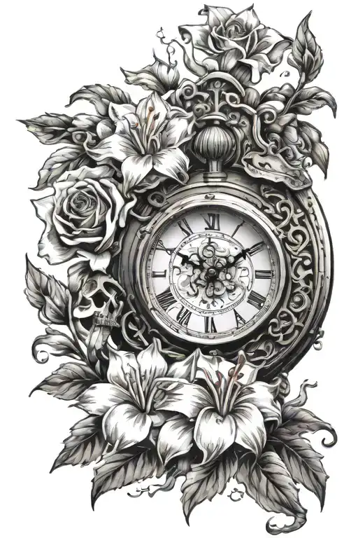 clock and flowers with two parchments, one writes 'Katsu' and the other '4.11.20' tattoo design idea
