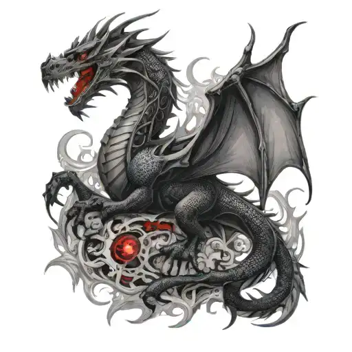 Create a tattoo of a majestic black dragon with red eyes surrounded by intricate architectural elements tattoo design idea