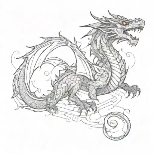 Create a tattoo of a majestic black dragon with red eyes surrounded by intricate architectural elements tattoo design idea