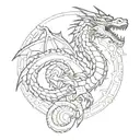 Create a tattoo of a majestic black dragon with red eyes surrounded by intricate architectural elements tattoo design idea
