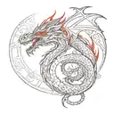 Create a tattoo of a majestic black dragon with red eyes surrounded by intricate architectural elements tattoo design idea