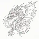 Create a tattoo of a majestic black dragon with red eyes surrounded by intricate architectural elements tattoo design idea