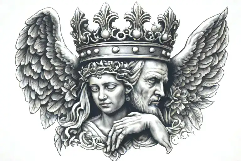 crown with wings and angel praying hands tattoo design idea