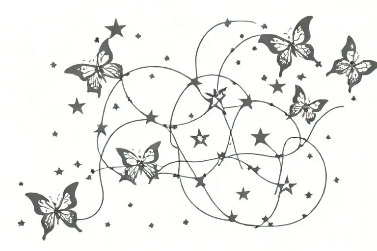 A celestial scene with dark, gothic stars and butterflies intertwined, representing the client's love for the dark and mysterious tattoo design idea