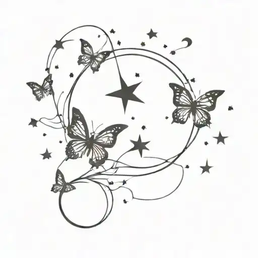 A celestial scene with dark, gothic stars and butterflies intertwined, representing the client's love for the dark and mysterious tattoo design idea