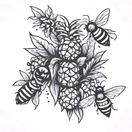 upside down pineapples with bees flying around it tattoo design idea
