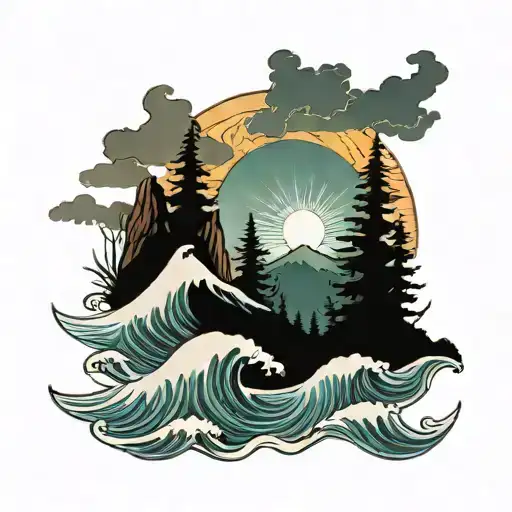 travel mountain sun sea forest waves beers cheering tattoo design idea