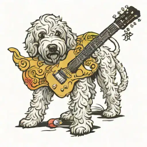goldendoodle playing guitar tattoo design idea