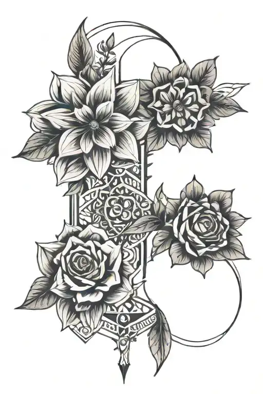 geometric spine tattoo with floral tattoo design idea