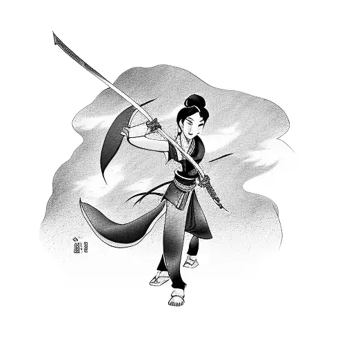 Mulan with a Sword and mushu in the background tattoo design idea