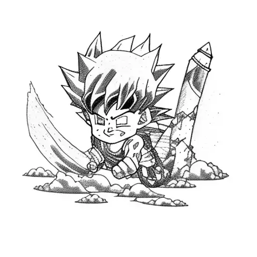 A sketch style tattoo of Goku riding an axolotl through a virtual reality landscape tattoo design idea