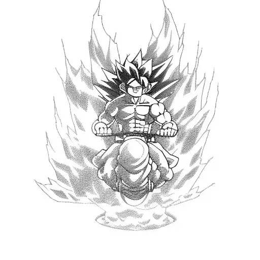 A sketch style tattoo of Goku riding an axolotl through a virtual reality landscape tattoo design idea