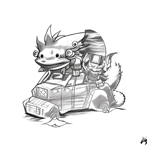 A sketch style tattoo of Goku riding an axolotl through a virtual reality landscape tattoo design idea