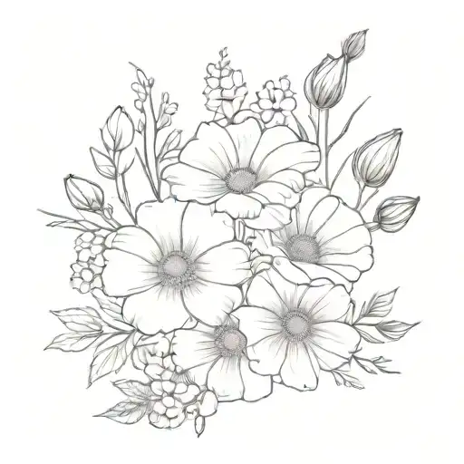 bouquet with daisy, rose, poppy, morning glory, and cosmos flowers tattoo design idea