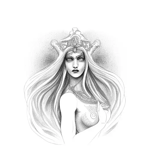 Visualize a menacing version of Aphrodite, the Greek goddess of love. She is portrayed as a formidable figure, her beaut tattoo design idea