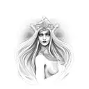 Visualize a menacing version of Aphrodite, the Greek goddess of love. She is portrayed as a formidable figure, her beaut tattoo design idea