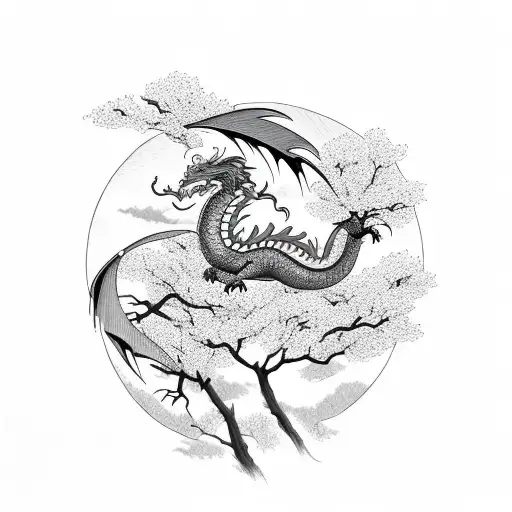 A majestic dragon flying over a field of cherry blossom trees tattoo design idea