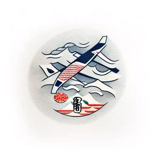 A traditional Japanese-inspired design featuring a flight attendant serving sushi on an airplane wing tattoo design idea