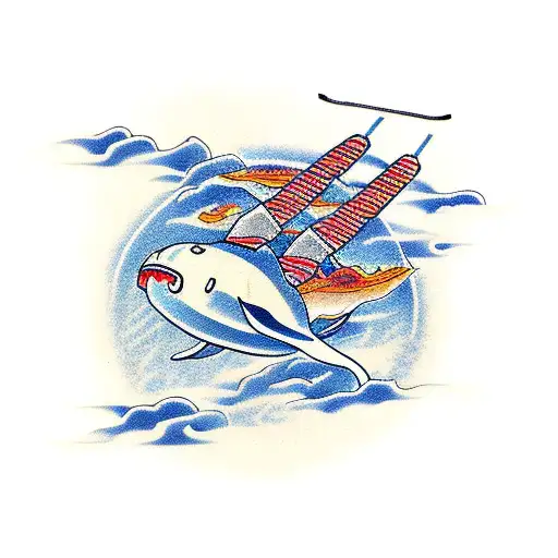 A traditional Japanese-inspired design featuring a flight attendant serving sushi on an airplane wing tattoo design idea