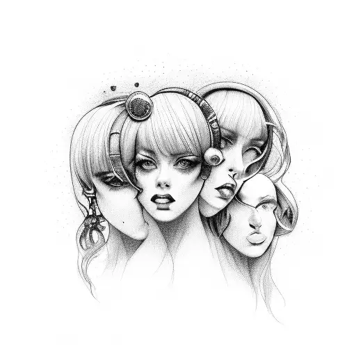 Three girl best griend front of the circus tent in tattoo design idea
