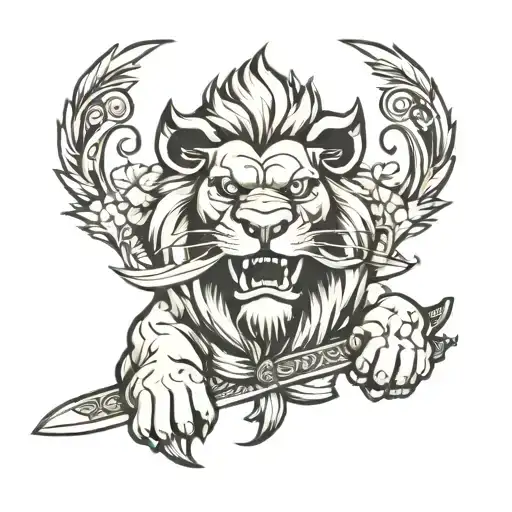 fu lion with knife  tattoo design idea