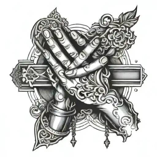 upside down cross, hands praying hands holding tattoo design idea