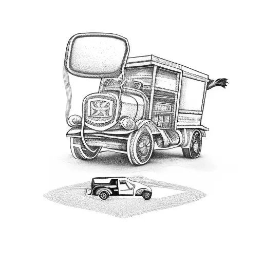 A dotwork design featuring a pharmaceutical pill bottle morphing into a 4x4 truck, with a dog sitting in the driver's seat tattoo design idea