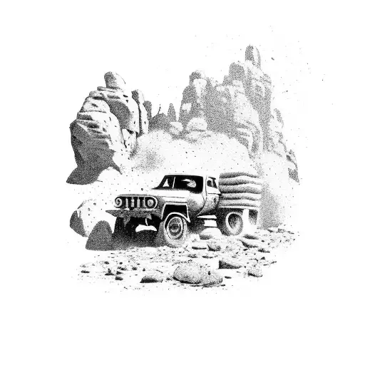 A detailed illustration of a rugged 4x4 truck driving through a rocky terrain with dust and debris flying in the air tattoo design idea