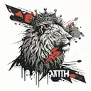 A powerful lion with a crown made of travel stamps and a banner that says 'strength' in a bold font tattoo design idea