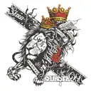 A powerful lion with a crown made of travel stamps and a banner that says 'strength' in a bold font tattoo design idea