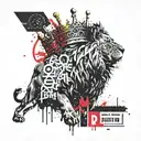 A powerful lion with a crown made of travel stamps and a banner that says 'strength' in a bold font tattoo design idea