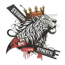 A powerful lion with a crown made of travel stamps and a banner that says 'strength' in a bold font tattoo design idea