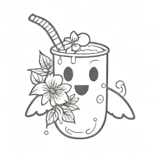 cartoon  ghost with a flower crown holding a pina colada  tattoo design idea