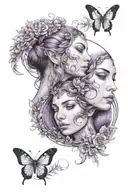 Gemini, twins, female face, mercury, lavender color tattoo design idea