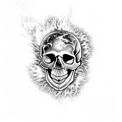 Skull engulfed in flames tattoo design idea