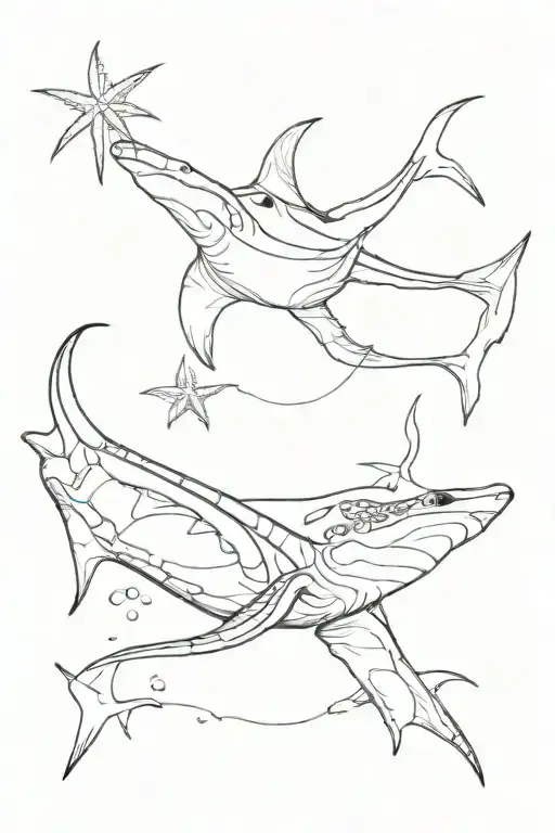 manta ray, shark and sea turtle swimming add in the sun and a palm tree tattoo design idea