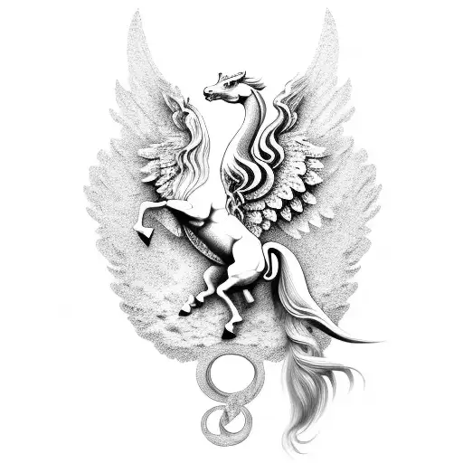 white pegasus with baroque background and leonardo da vinci head tattoo design idea