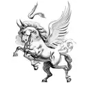 white pegasus with baroque background and leonardo da vinci head tattoo design idea