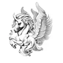 white pegasus with baroque background and leonardo da vinci head tattoo design idea
