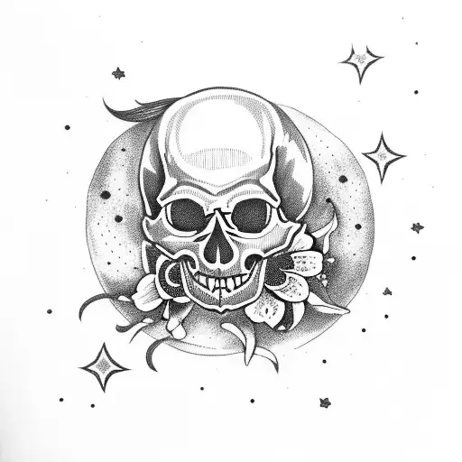 Skull with Lillies, black cat, night sky with stars and moon tattoo design idea