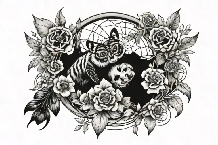 dream catcher with scorpion and panda, poppy flowers and monarch butterflies incorporated throughout tattoo design idea
