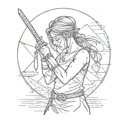 Girl with blindfold crying getting a sword in her back. Holding a balance weight  tattoo design idea